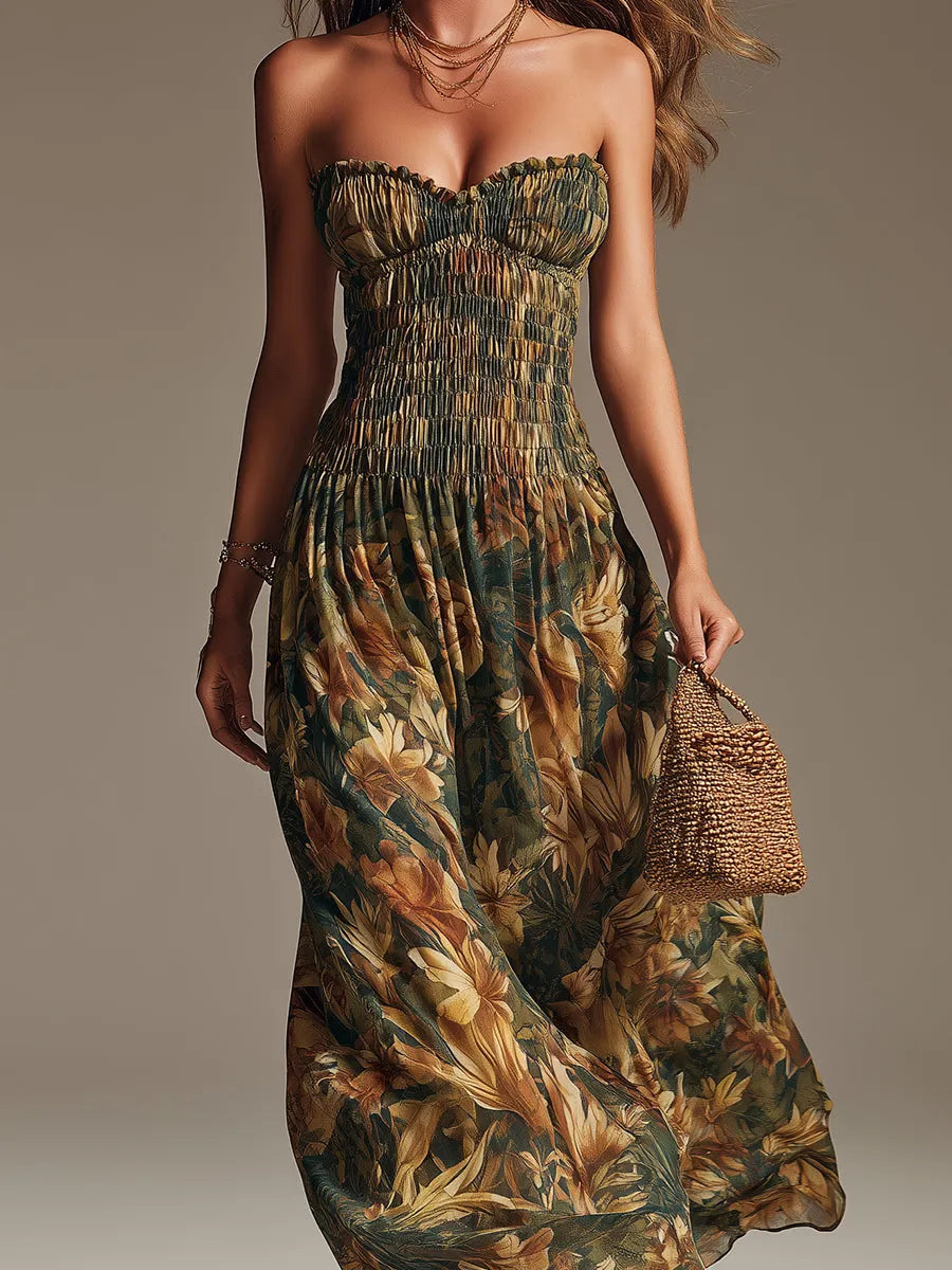 Maxi vestito a balze senza spalline stile tropicale