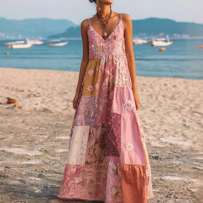 Vestido Maxi Floral Vintage Boho com Patchwork de Linho e Alças Finas