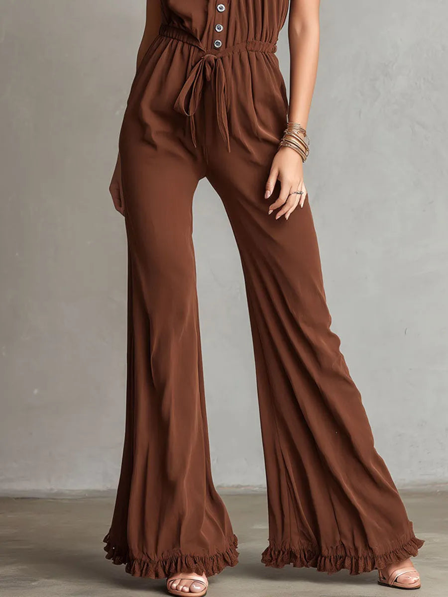 Combinaison bohème cacao à volants, col licou et jambes larges