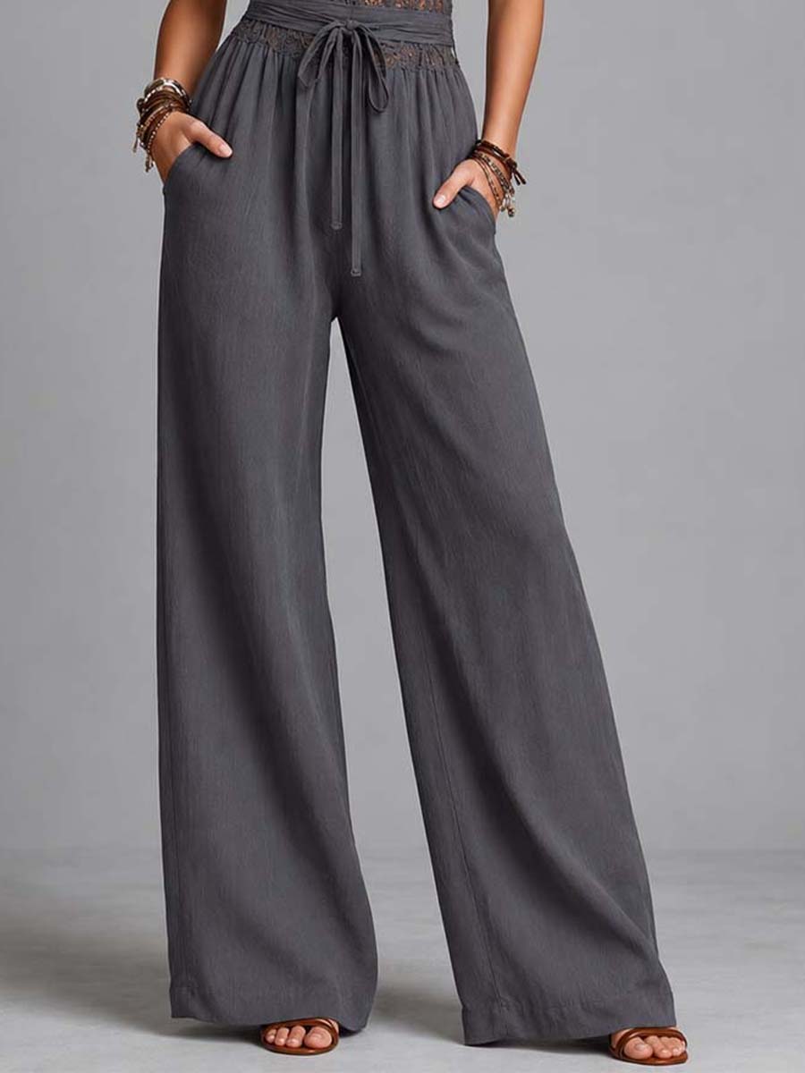 Combinaison pantalon large gris anthracite en dentelle à col halter et en mélange coton-lin froissé