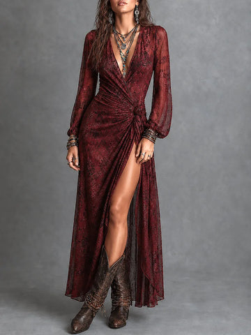 Vestido Maxi Boho de Chiffon Estampado com Amarração Lateral e Fenda Alta