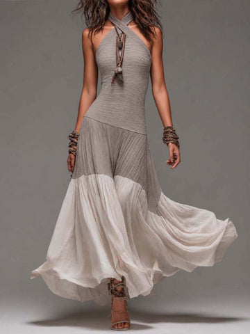 Vestido longo estilo boho vintage com frente única, decote transpassado e algodão amassado