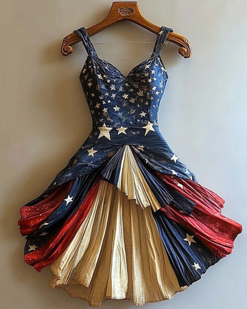 Vestido com estampa temática de Dia da Independência e detalhes dourados 0e75