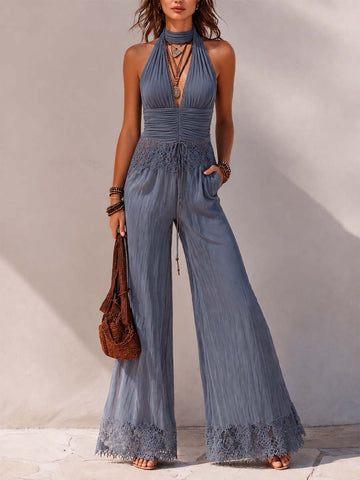 Dusty Blue Crinkled Lace-Trimmed Halter Neck Jumpsuit