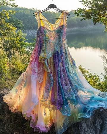 Vestido de Verão Irregular com Renda e Babado com Contas 19fb