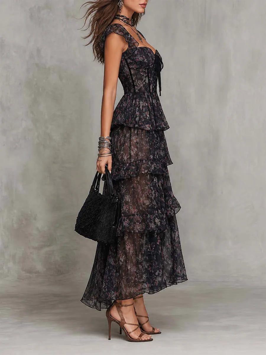 Gothic Floral Corset Tiered Chiffon Midi Dress