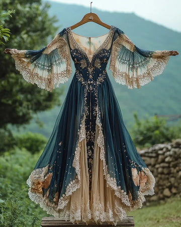 Vestido longo de verão com babados e detalhes em renda a263