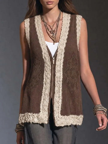 Colete com Zíper Bordado Floral e Acabamento de Renda Crochê Boho