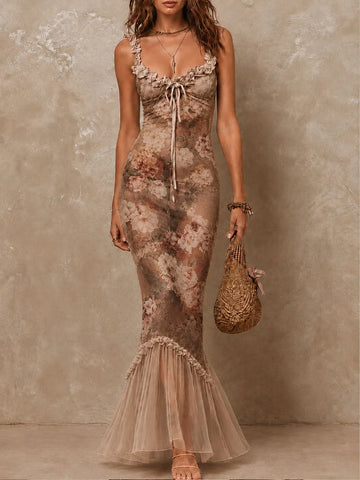 Vestido longo sereia retrô boêmio romântico de renda floral transparente com babados