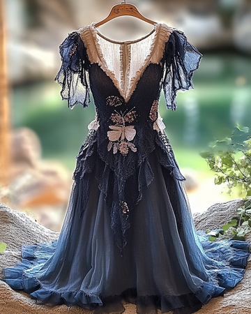 Robe d'été irrégulière en dentelle à volants et perles 9c3f