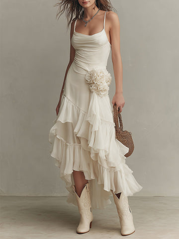 Vestido maxi com barra com babados florais destacável