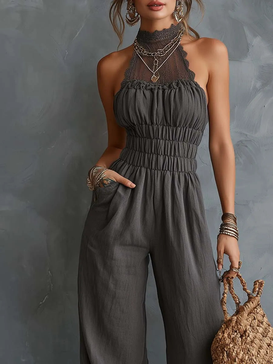 Boho Lace Halter Cotton-Linen Jumpsuit
