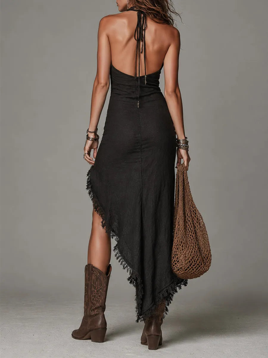 Retro Halter-Neck Cotton-Linen Frayed Hem Maxi Dress