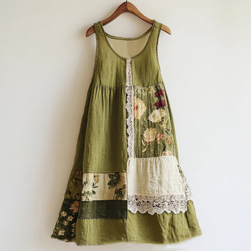 Robe verte mélange lin patchwork dentelle motif floral bohème dd64