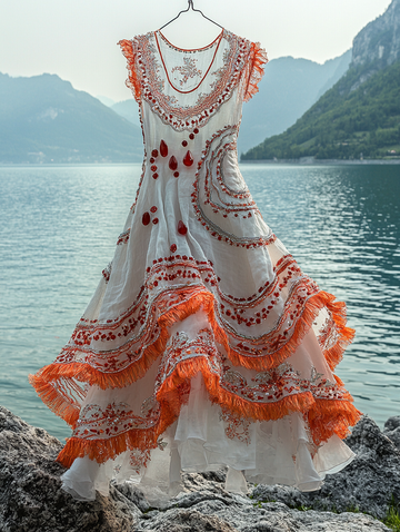 Vestido de Verão com Babados, Renda e Contraste de Cores 40ee