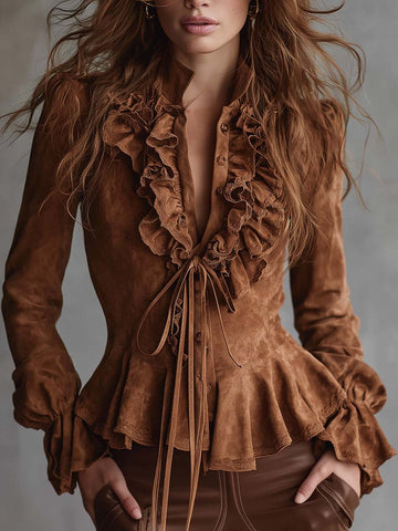 Chemisier à volants en éco-daim caramel vintage avec garniture en dentelle