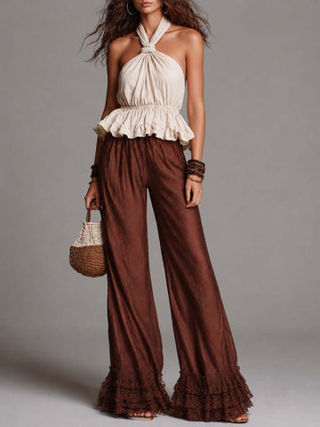 Conjunto Halter de Algodão-Linho e Acetato com Efeito Amassado Duas Cores Boho