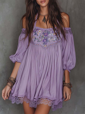 Minivestido Vintage Bordado Ombro a Ombro