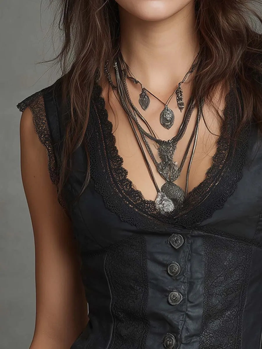 Gilet en similicuir à bordure en dentelle vintage