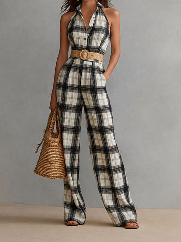Macacão Boho Preto E Marfim Xadrez Plissado De Linho Com Gola Halter E Perna Larga