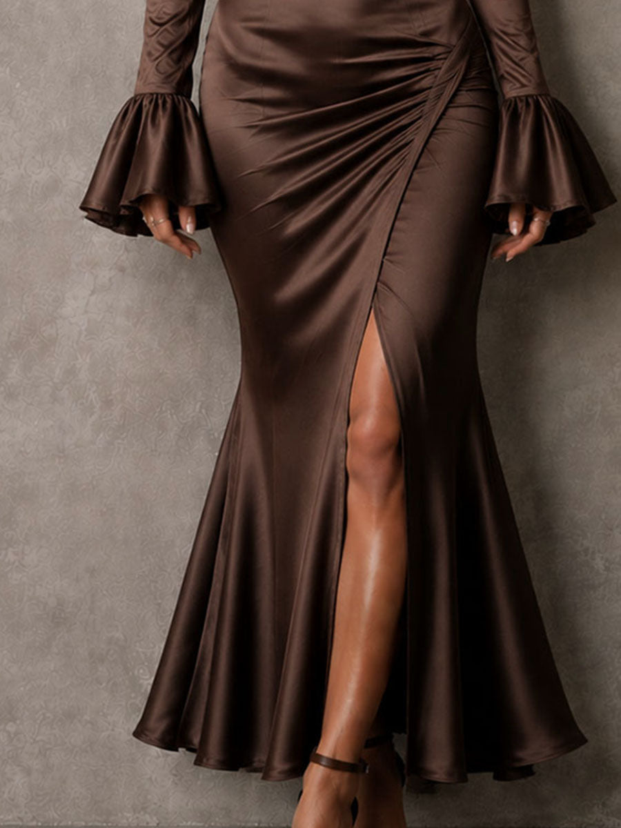 Robe longue sirène fendue en satin chocolat rétro avec corset