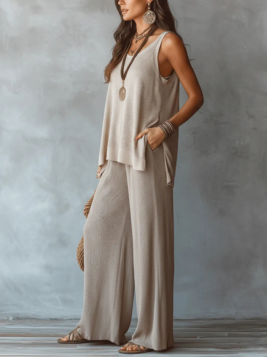 Ensemble haut sans manches texturé et pantalon large coupe bohème sans effort