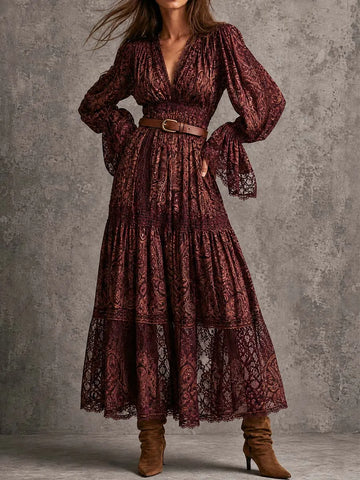 Robe longue étagée en dentelle paisley vintage