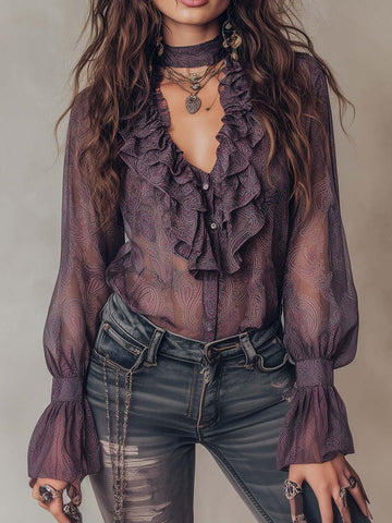 Blusa de chiffon com gola de babados e estampa paisley vintage