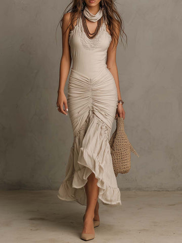 Bohemian Cotton-Linen Halter Lace Trim Ruched Midi Dress
