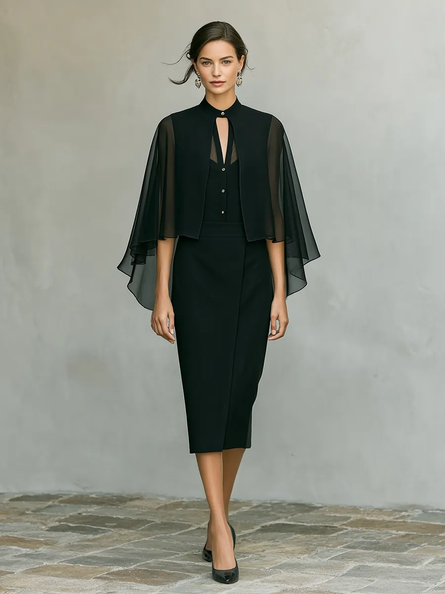 Women's Black Crepe & Chiffon Two-Piece Set With Cape Overlay & Midi Dress, Timeless Formal-Elegant Style Set MDZ1418D7LYL