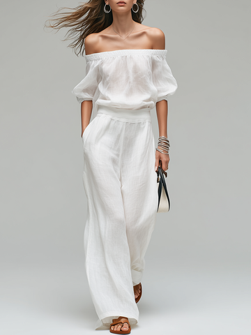Conjunto de Top Cropped Ombro a Ombro e Calça Pantalona em Linho Branco