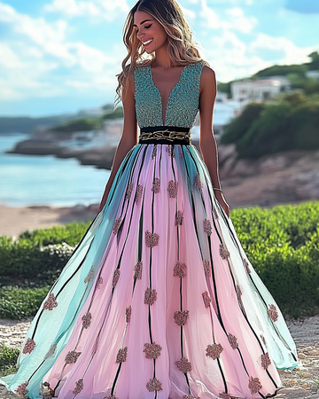 Vestido elegante color block para férias de verão 0479