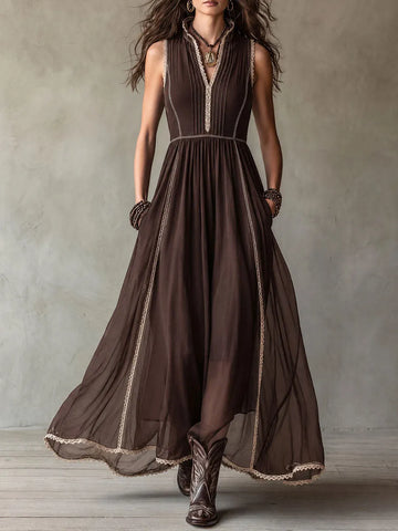 Vestido longo marrom chocolate estilo boho western com acabamento em renda