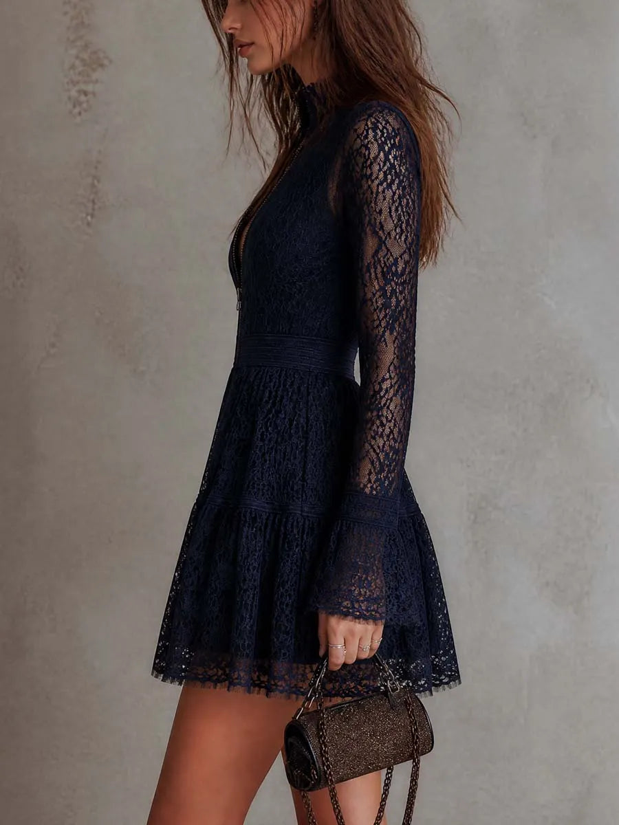 Robe Courte Évasée Vintage en Dentelle et Col Zippé