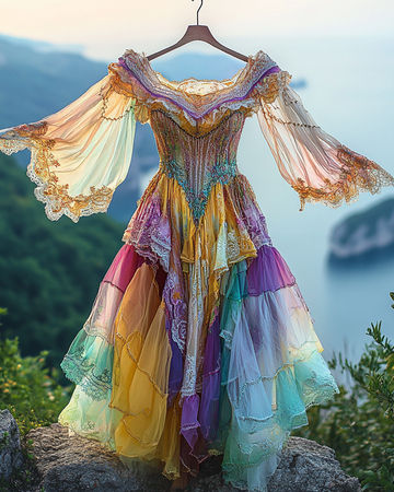 Vestido de Verão Irregular com Renda, Patchwork e Babados, Bordado com Miçangas 22f9