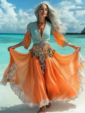 Moda de férias de verão vestido elegante com contraste de cores e9f7