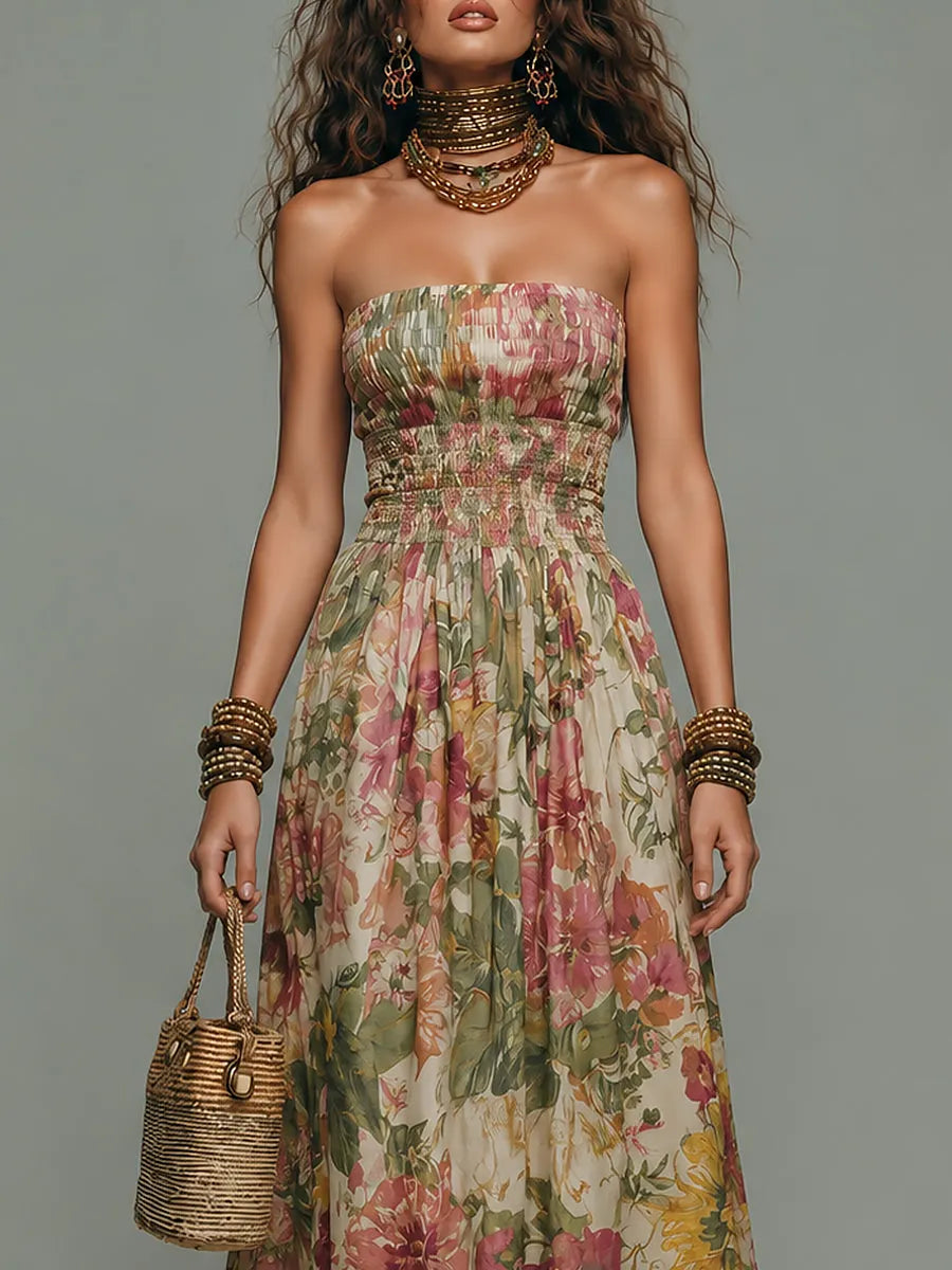 Boho Tropical Print Strapless Smocked Maxi Dress