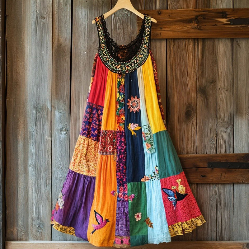 Vestido Boho de Linho com Patchwork Floral Bordado a7fb