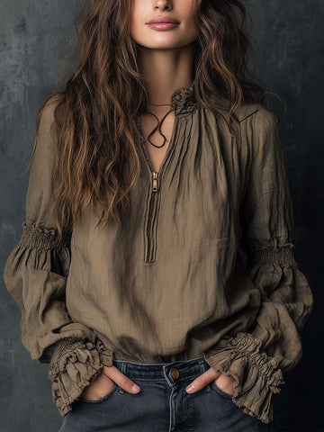 Blusa Meio Zíper Boho com Punho Franzido