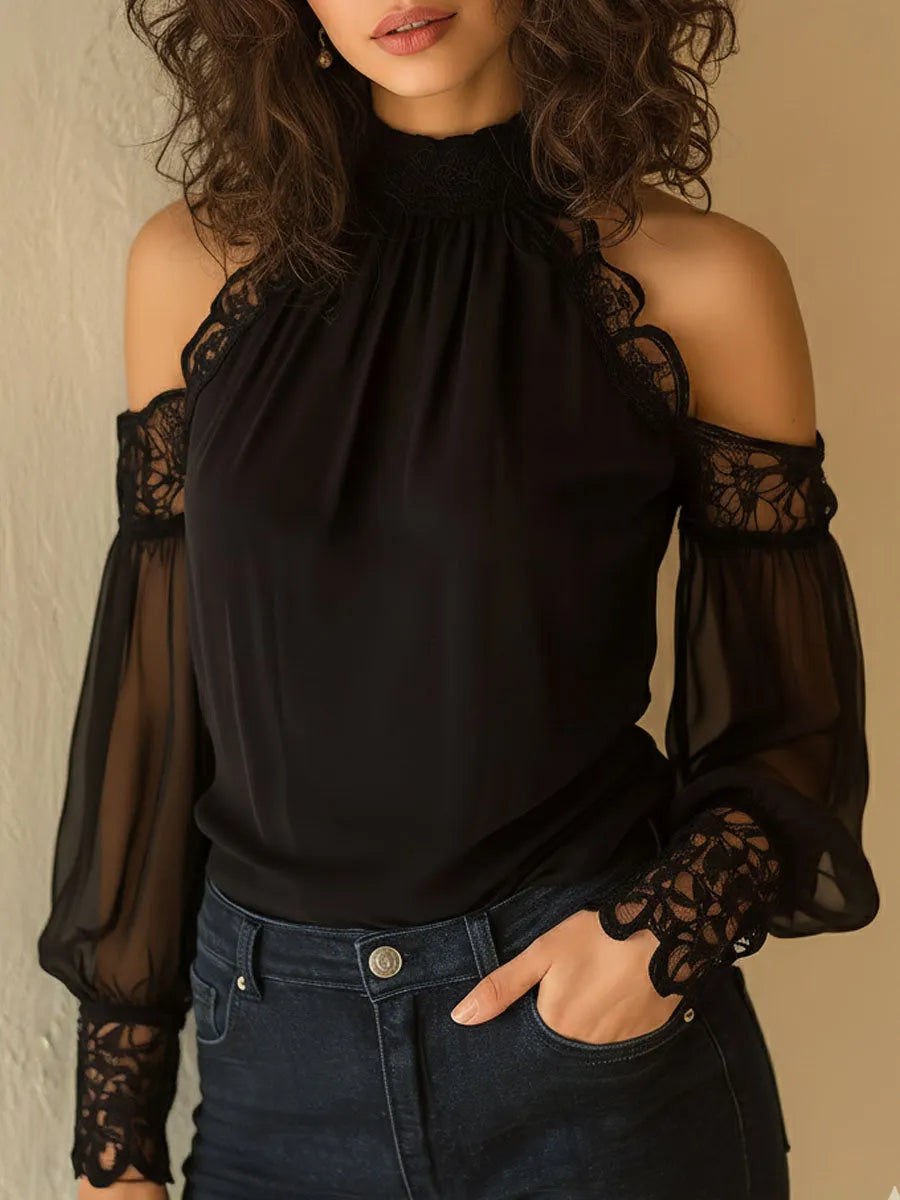 Blouse élégante noire en mousseline et dentelle, col haut, épaules dénudées