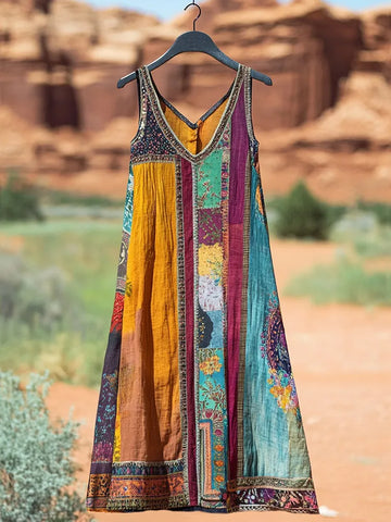 Women's Bohemian Floral Patchwork Vintage Linen Dress
