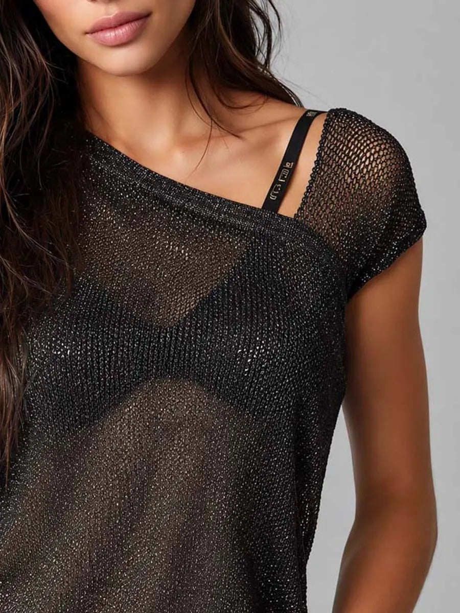 Top Asimmetrico a Maglia Trasparente Nera Scintillante con Spalle Scoperte