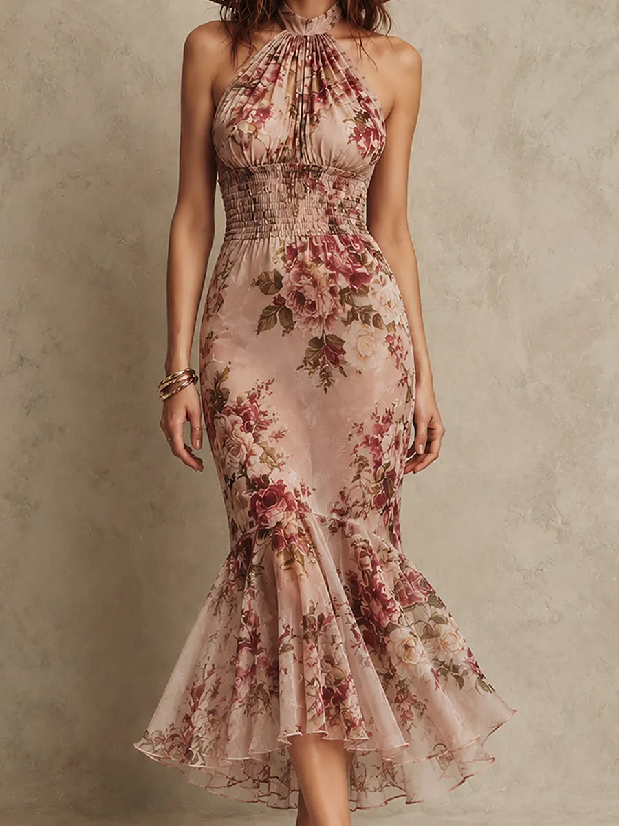 Retro Stand-Collar Shirred-Waist Fishtail Chiffon Printed Maxi Dress