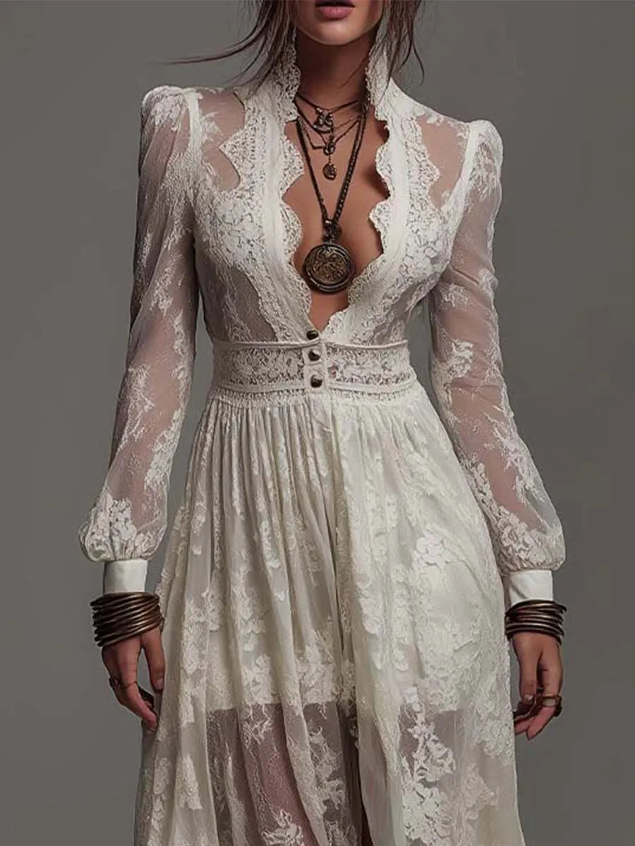 Romantic Bohemian Stand V Collar Puff Long Sleeve Button Waist Ruffle Hem Sheer Floral Lace Chiffon Maxi Dress