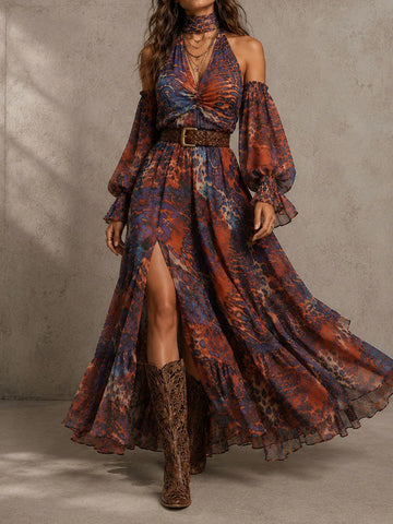 Boho Cold-Shoulder Halter Neck Abstract Print Chiffon Maxi Dress