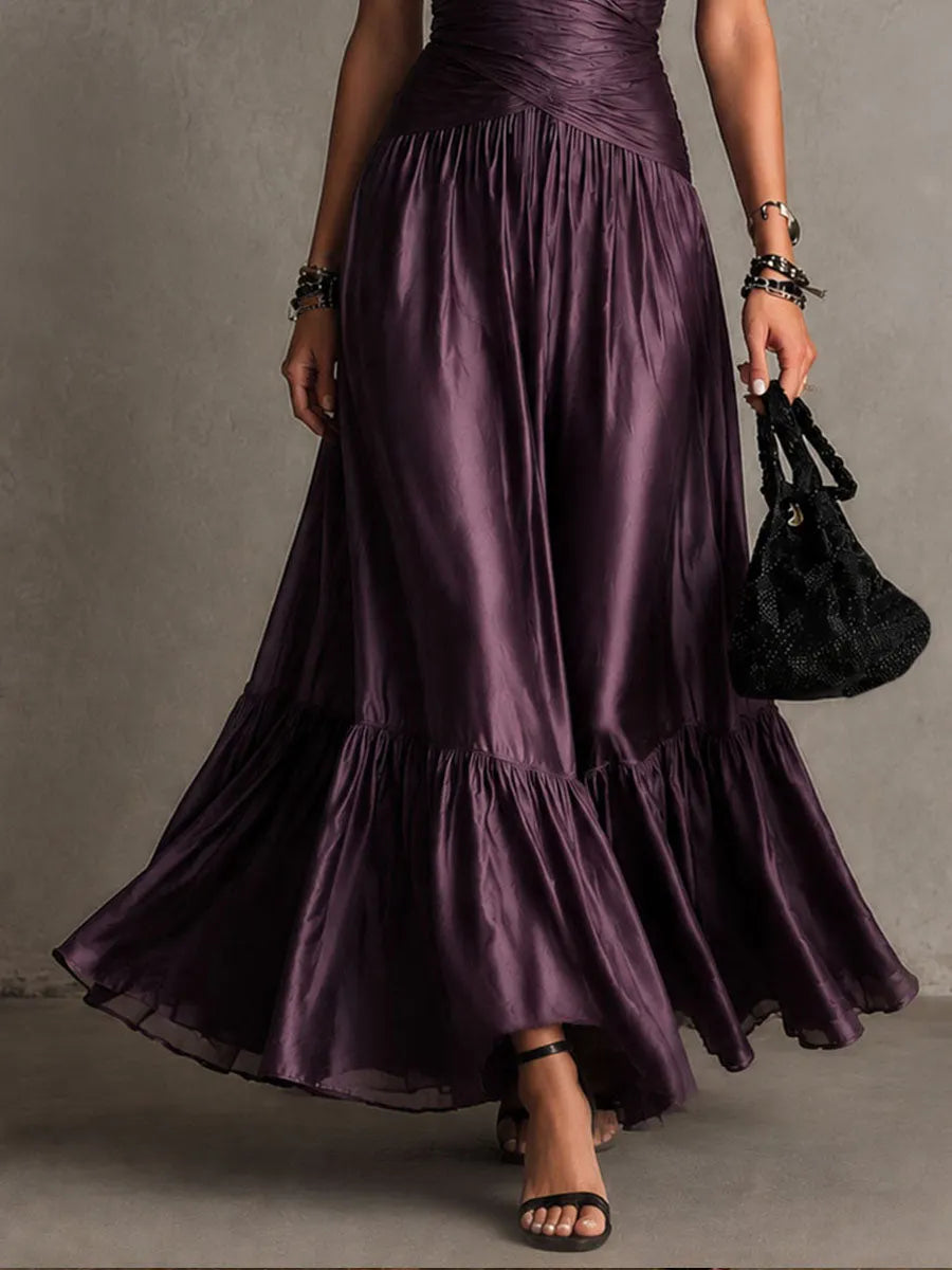 Robe longue Rétro Élégante en Satin Prune Foncé avec Fronces à la Taille et Col Halter