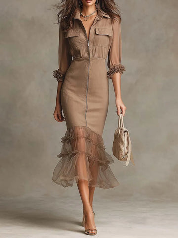 Abito tubino midi boho con colletto, zip frontale, tasca e balze in tulle