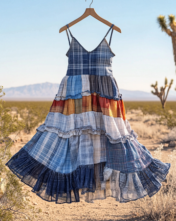 Vestido Patchwork Jeans de Renda Artesanal de Verão a641