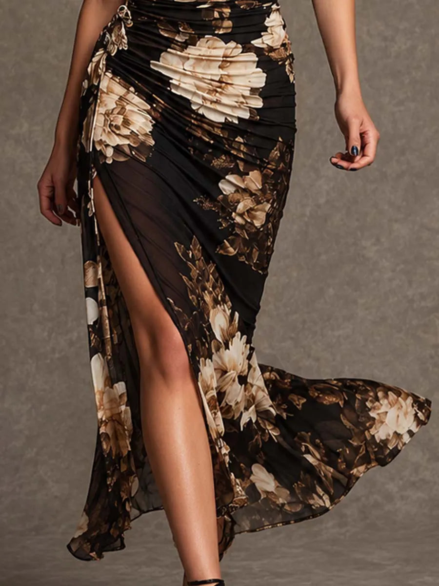 Vestido longo sereia com fenda alta, drapeado, de malha floral vintage e transpassado