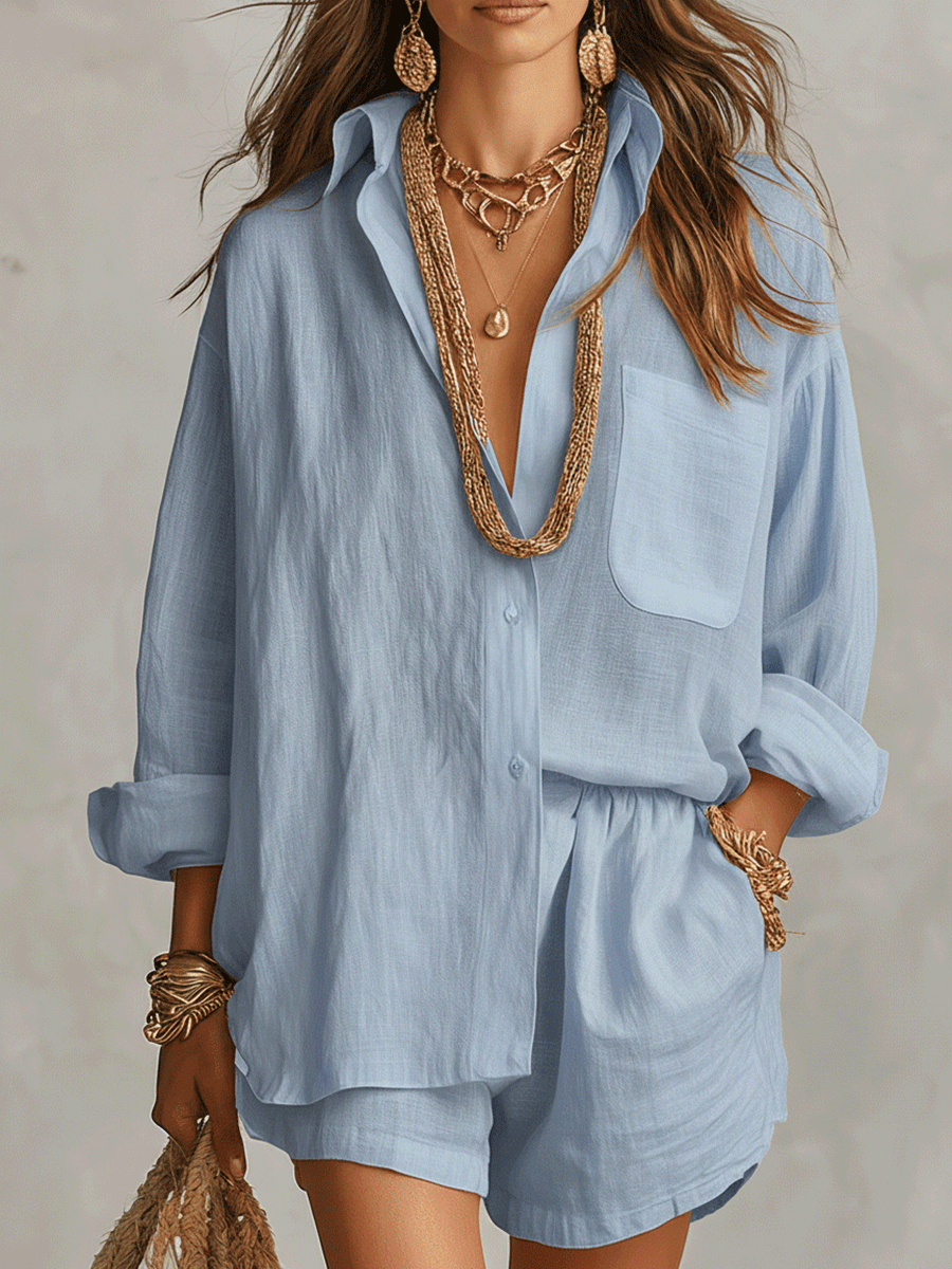 Chemise bohème oversize en lin avec short décontracté